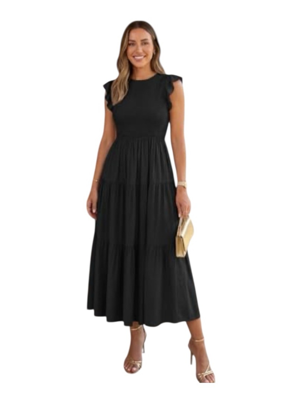 Flutter Short Sleeve Crew Neck Smocked Elastic Waist Tiered Midi Dress